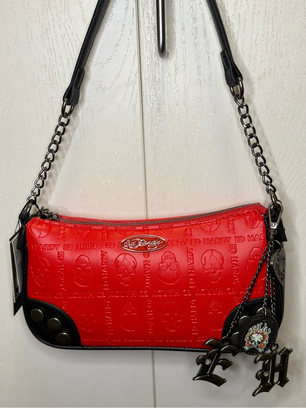 Ed Hardy Embossed Red Y2K Punk Style Shoulder/Crossbody Bag With Charms NWT